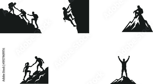 Mountain climbing silhouettes set showing teamwork, adventure, and success with hikers reaching summit isolated on white background, outdoor sport and achievement concept illustration