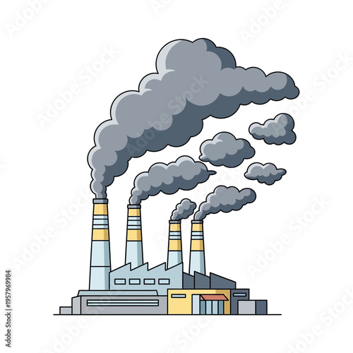 Industrial factory with smoking chimneys, pollution concept, vector illustration