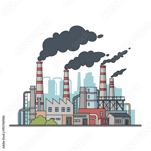Industrial factory with smokestacks emitting dark smoke, cityscape background, illustration