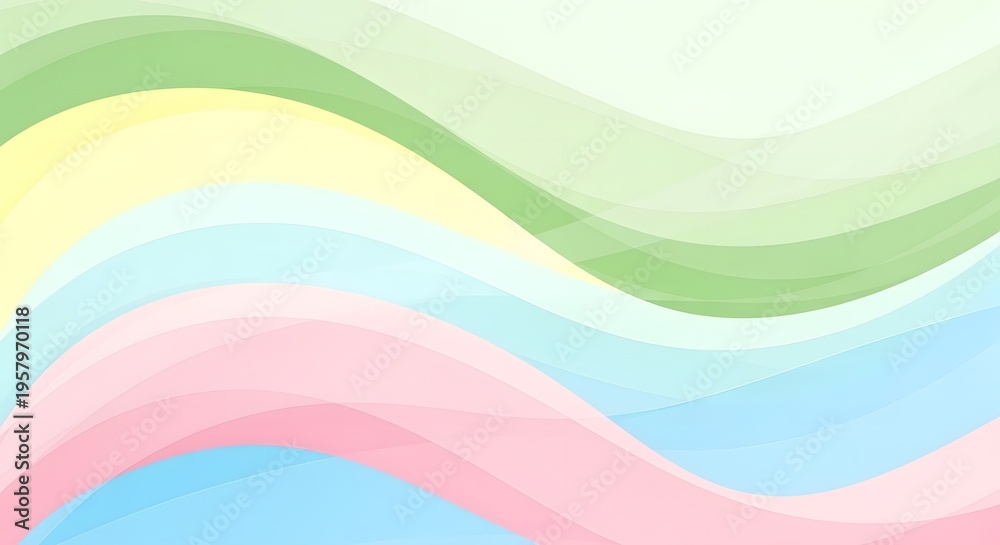 Fototapeta premium Abstract background featuring soft flowing wave layers in pastel colors of green yellow and blue