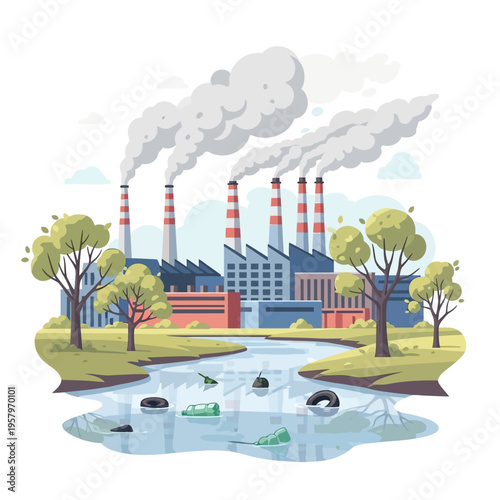 Industrial Pollution: Factory Smokestacks Emit Smoke Over Polluted River