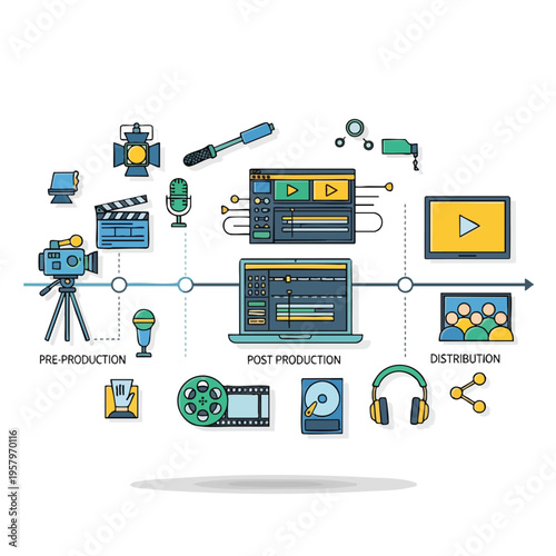 Visual overview of video production stages pre-production, post-production, and distribution