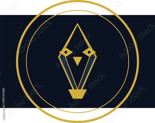 A minimalist abstract golden emblem featuring a diamond shape centered within dual circular rings