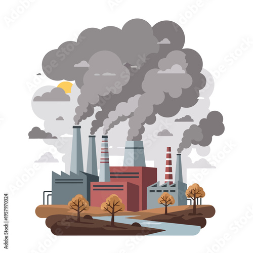 Industrial factory chimneys emitting heavy smoke clouds, pollution and smog in the atmosphere.