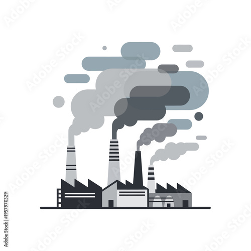 Industrial factory chimneys emitting smoke, symbolizing pollution and environmental impact.