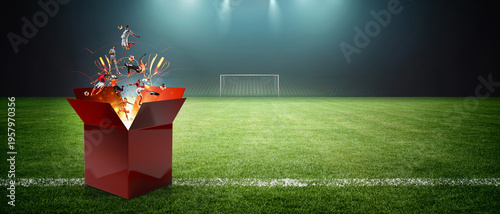Dynamic soccer action concept with soccer players emerging from a surprise red box on a soccer field.