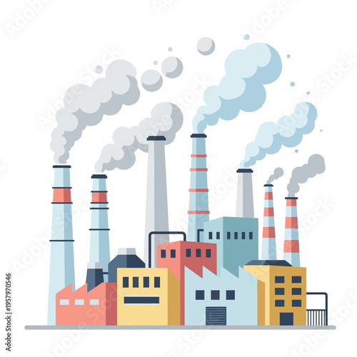 Industrial Factory with Smoke Stacks Emitting Pollution, Modern Factory Building Illustration
