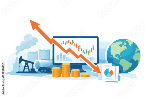 A modern vector of oil and fuel prices appearing stable, accompanied by rising and falling graphs, illustrating economic conditions, market dynamics, and price movement.
