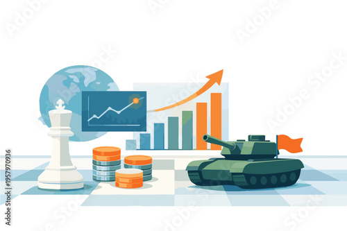 A vector illustration showing a strategic war plan aimed at boosting a country's economy, featuring tactical elements and growth charts to represent economic development and planning.