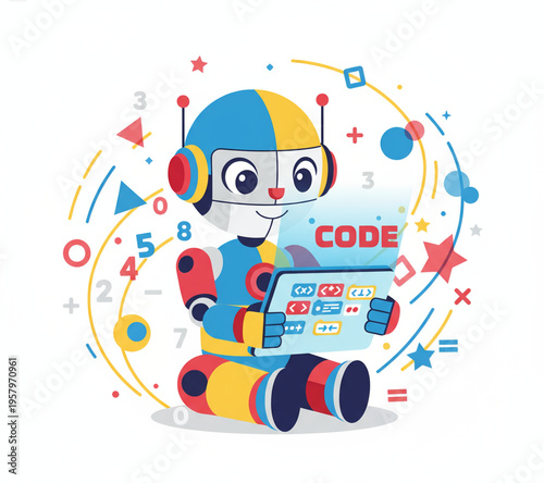 Cute robot character learning to code on a tablet, surrounded by colorful digital elements and numbers, perfect for educational technology and programming concepts