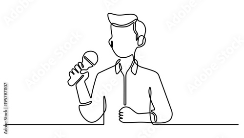 Minimalist continuous line art of a man giving a speech. One line drawing of a businessman speaking into a microphone. Minimalist vector illustration of a public speaker or presenter giving a talk