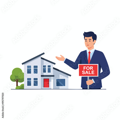Businessman holding a red "FOR SALE" sign next to a modern house with a tree
