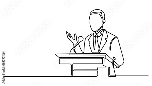 Minimalist continuous line art of a man giving a speech. One line drawing of a businessman speaking into a microphone. Minimalist vector illustration of a public speaker or presenter giving a talk