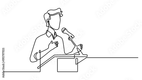 Minimalist continuous line art of a man giving a speech. One line drawing of a businessman speaking into a microphone. Minimalist vector illustration of a public speaker or presenter giving a talk
