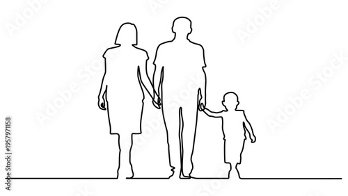 Happy Family Continuous One Line Drawing. Mother, Father and Child Walking Together Abstract Line Drawing in Minimalist Style. Happy Family with Hand Drawn. Vector Illustration