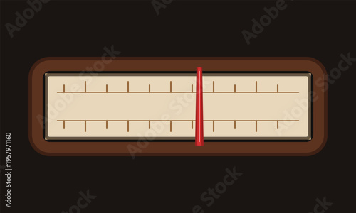 A vintage style analog radio frequency tuner display with a red indicator needle on dark background
