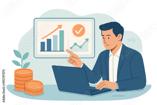 A modern vector of a man reviewing business data with upward trending charts, illustrating economic progress, smart analysis, and positive financial performance.