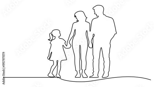 Happy Family Continuous One Line Drawing. Mother, Father and Child Walking Together Abstract Line Drawing in Minimalist Style. Happy Family with Hand Drawn. Vector Illustration