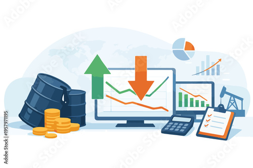 A vector scene of fuel and oil prices remaining steady, with fluctuating graphs rising and falling, expressing economic trends, market stability, and financial analysis.