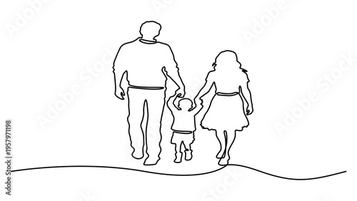 Happy Family Continuous One Line Drawing. Mother, Father and Child Walking Together Abstract Line Drawing in Minimalist Style. Happy Family with Hand Drawn. Vector Illustration