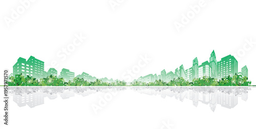 Sustainable city: Lush green trees layered with skyscraper silhouettes.