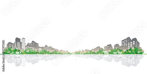 Sustainable city: Lush green trees layered with skyscraper silhouettes.