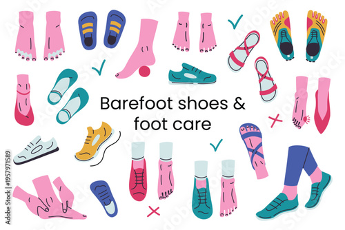 Barefoot shoes and foot care set, minimal flexible footwear, toe separators, hallux valgus, foot massage, exercises. Anatomical zero drop shoes, wide toe box and healthy feet vector illustration