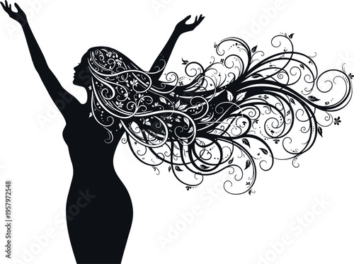 Elegant woman silhouette with flowing floral hair design, abstract beauty illustration, feminine artistic concept, decorative swirl elements, modern black vector isolated on white background