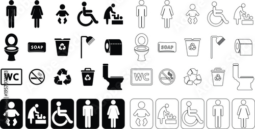 Black restroom toilet icon set collection group, wc bathroom symbols male female baby wheelchair hygiene signs, flat and line style vector, public sanitation icons pack, lavatory washroom signage