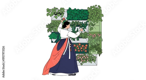 Woman gardening in a lush green garden.