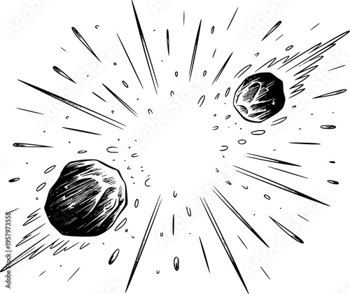 Asteroids exploding with debris and motion lines in a comic book style explosion