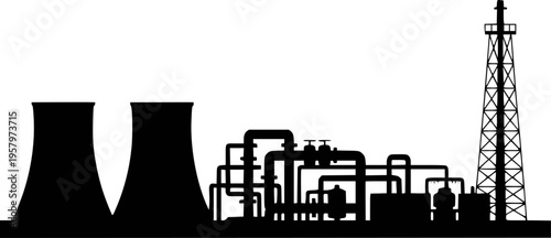 Black silhouette industrial power plant with cooling towers pipes and transmission tower white background