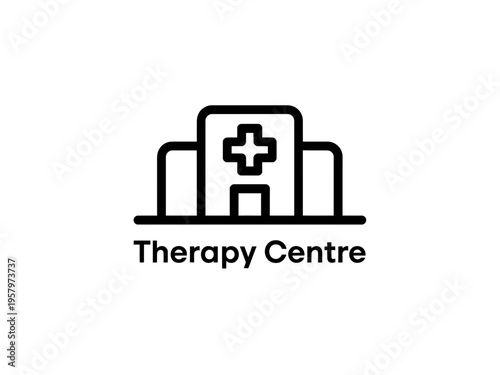 Minimalist therapy centre line art icon featuring a medical building symbol with a cross sign for healthcare facilities and wellness services