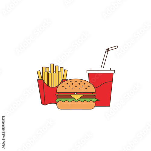 Fast food meal: hamburger, french fries, and soda drink, flat design illustration