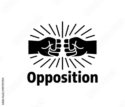 Minimalist vector illustration featuring two clenched fists facing each other with radial lines representing opposition and conflict concept