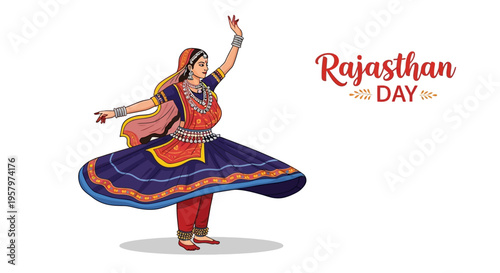 Illustration of a traditional Rajasthani dancer in folk dress celebrating Rajasthan Day with a colorful outfit and dynamic pose against a clean white background.