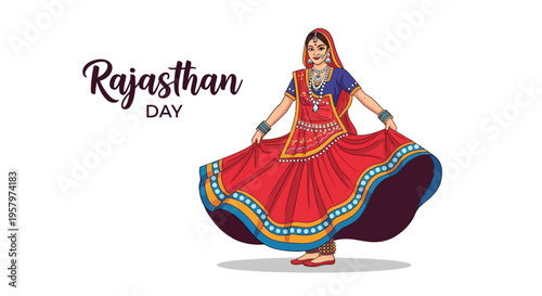 Illustration of a traditional Rajasthani woman dancing in a vibrant red dress with blue and yellow accents on Rajasthan Day against a clean white background.