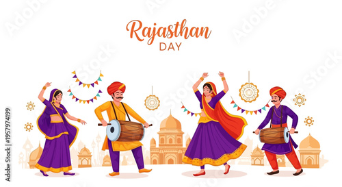 Illustration of traditional Rajasthani dancers celebrating Rajasthan Day with folk dance and music in colorful attire against a cultural heritage background.