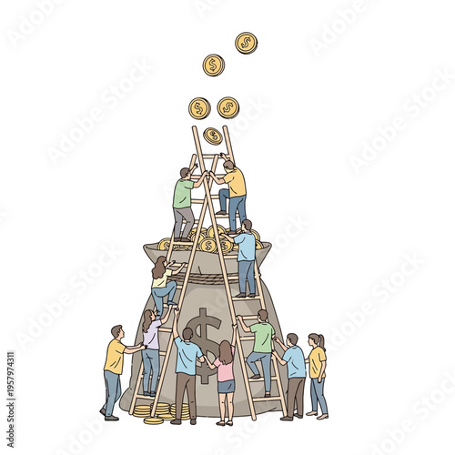 Teamwork to Reach Financial Goals: People Climbing Ladder to Bag of Money