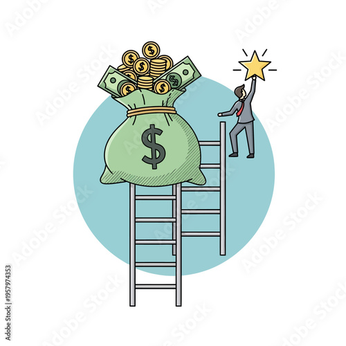 Businessman climbing ladder to reach bag of money and star, financial success concept