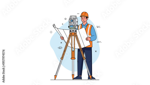 Professional land surveyor wearing a safety helmet and vest while using a theodolite and holding blueprints on a construction site.
