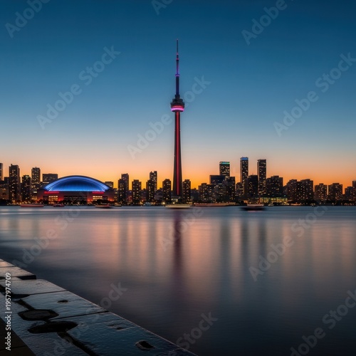 Vibrant Cityscape Glow At Dusk Iconic Tower Reflecting Tranquil Waters