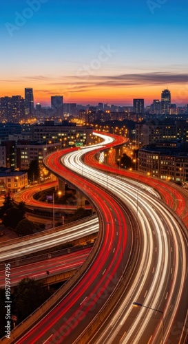 Vibrant Cityscape Highway At Dusk With Streaking Lights