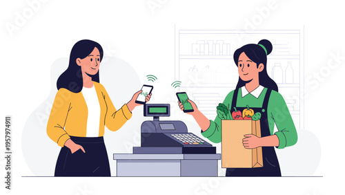 Female customer and shop assistant performing a contactless mobile payment at a grocery store counter using their modern smartphones.