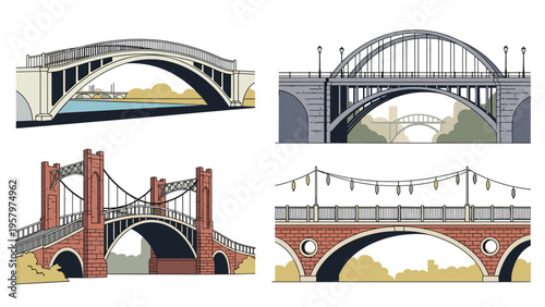 Architectural collection of different types of bridges including stone arches, suspension designs, and modern steel bridge structures.