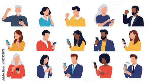 Diverse collection of people in different poses and clothing using their smartphones for social media, gaming, and communication.