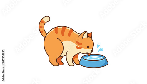 A cute cat drinking water from a blue bowl illustration