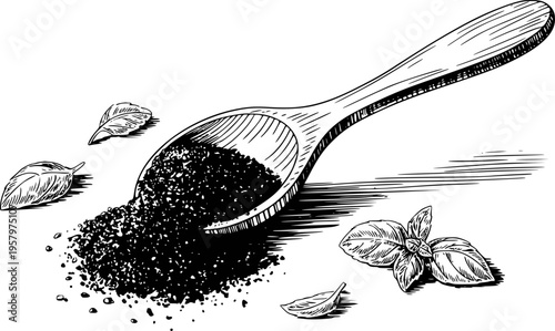 Hand drawn of a wooden spoon filled with dark granular spice and fresh basil leaves