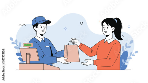 Friendly male store cashier handing a brown paper shopping bag to a happy female customer at a checkout counter in a retail shop.
