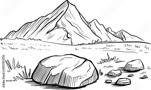 Hand Drawn of Mountain Peaks Over Rocky Terrain and Grass handdrawn nature